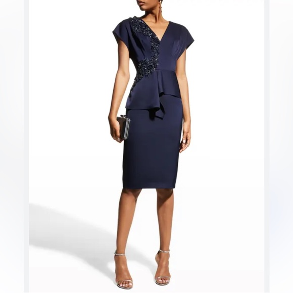 Aidan Mattox Embellished V Neck Peplum Sheath Dress - Picture 2 of 16